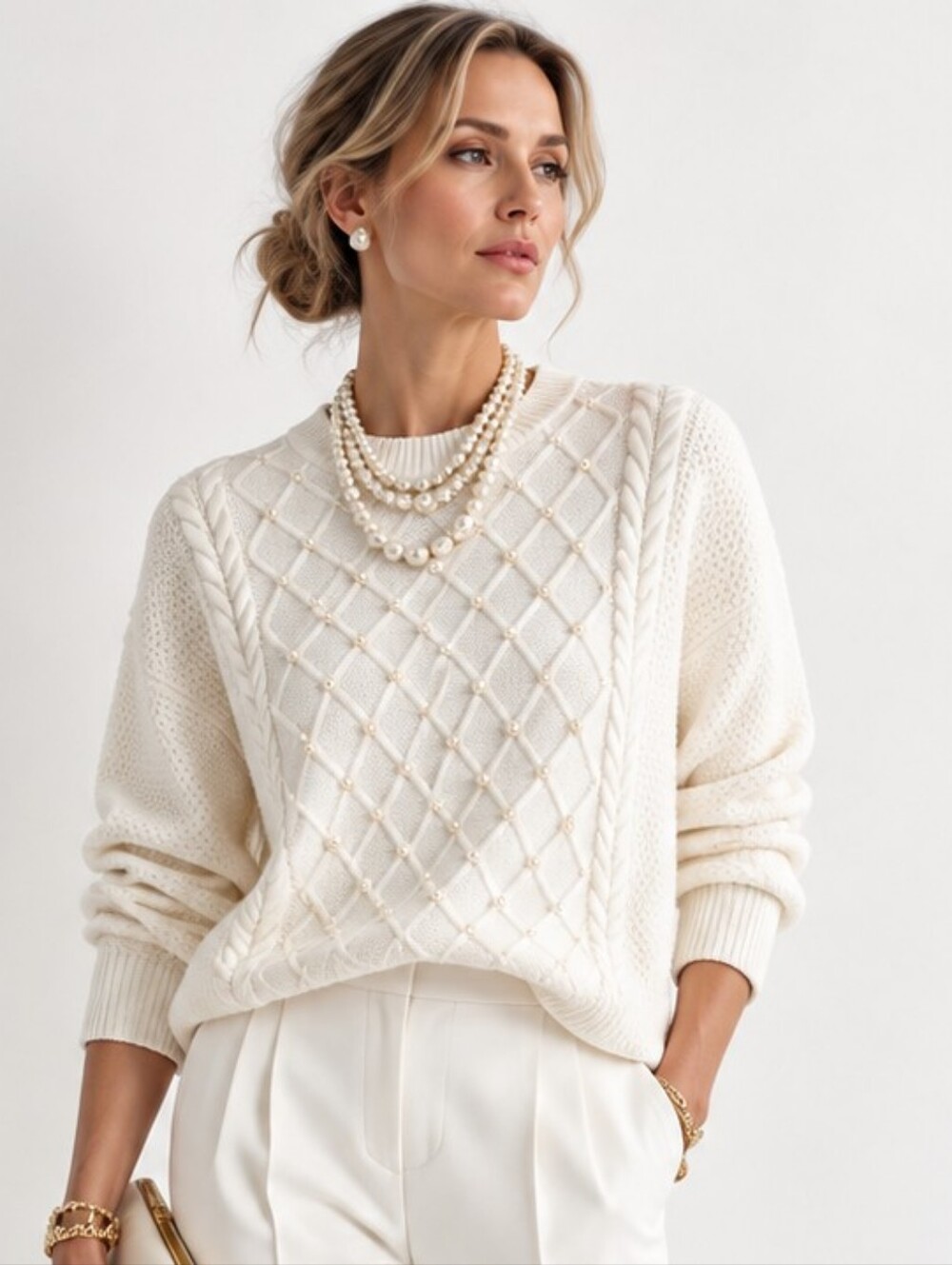 Ann Taylor Sweater Cable Knit With Pearl Embellishment